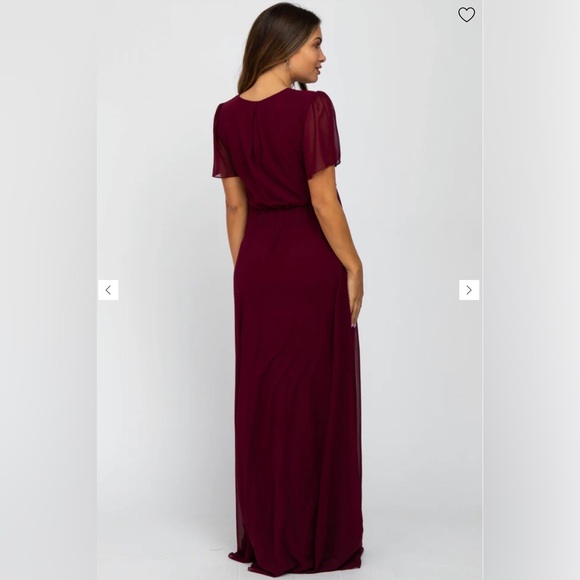 PINKBLUSH Burgundy Chiffon Short Sleeve Maternity Maxi Dress - Picture 4 of 9